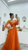 A Line Tulle Orange Long Sleeves Long Prom Dresses Long Evening Party Dresses OK1940