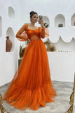 A Line Tulle Orange Long Sleeves Long Prom Dresses Long Evening Party Dresses OK1940