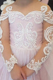 Princess Ball Gown Long Sleeves Tulle Long Flower Girl Dresses with Lace Appliques OKB98