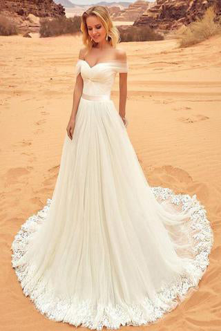 Elegant Wedding Dresses,Off-the-Shoulder Wedding Dress,Tulle Wedding Gown,Ivory Bridal Dress,Appliques Wedding Dresses