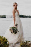 Simple V Neckline A line Backless Ivory A Line Beach Wedding Dress OKC92