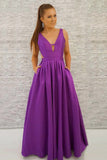 Simple A-Line Deep V-Neck Backless Long Purple Satin Prom Dresses with Pockets OKJ34