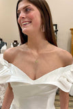 Off White Off-the-Shoulder Ruffled A-Line Satin Bridal Wedding Dress OK1568