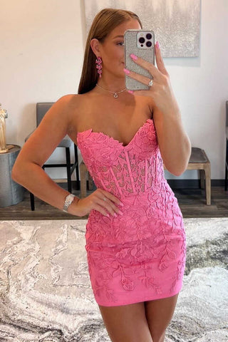 Hot Pink Appliques Strapless Lace-Up Bodycon Mini Homecoming Dress OK1632