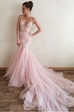  Sexy Prom Dress,Appliques Prom Dress,V-Neck Prom Dress,Mermaid Prom Dress,Long Prom Dress,Formal Evening Dress,Pink Prom Dresses,Tulle Prom Gown