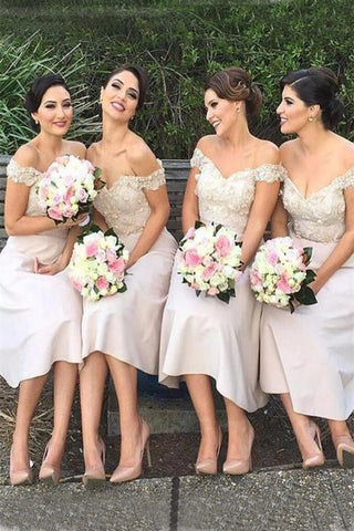 Modern Bridesmaid Dress,Ivory Bridesmaid Dresses,Off the Shoulder Bridesmaid Dress,Tea-length Bridesmaid Dresses