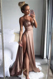 A Line Spaghetti Straps Sexy Slit Prom Dress. Cheap Long Evening Dress OKJ26