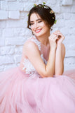 New Arrival Pink Princess Tulle Floor-length Appliques Lace A Line Long Prom Dress OK823