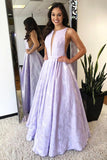 A-Line Floor-Length Lilac Printed Prom Dresses, Simple Long Evening Dresses OKJ12