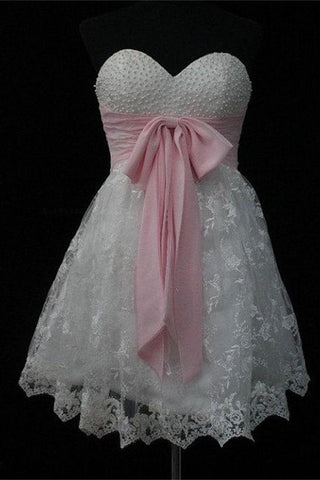 Elegant Short Beaded Lace Homecoming Dress With Pink Belt K234
