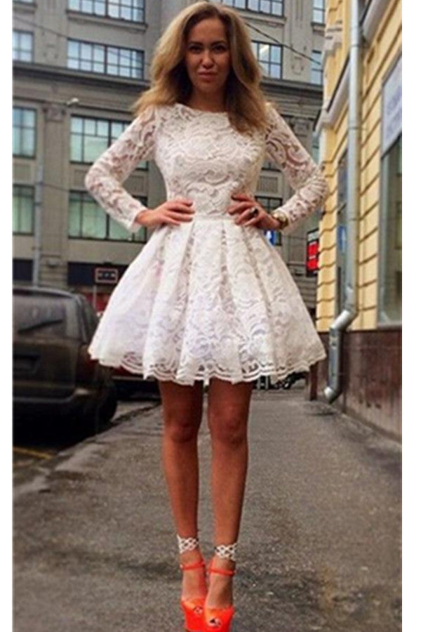 Long Sleeves White Lace Short Classy Homecoming Dress K325