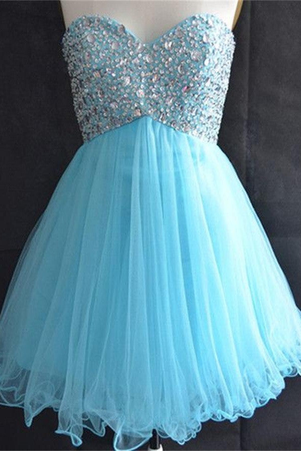 Ice Blue Tulle Sweetheart High Low Beaded Homecoming Dresses K424