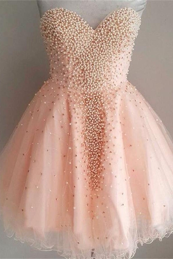 Pretty Pink Sweetheart Beaded Tulle A-line Homecoming Dresses K427