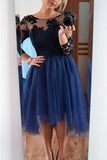 Navy Blue Long Sleeves Lace A-line Simple Homecoming Dresses K432