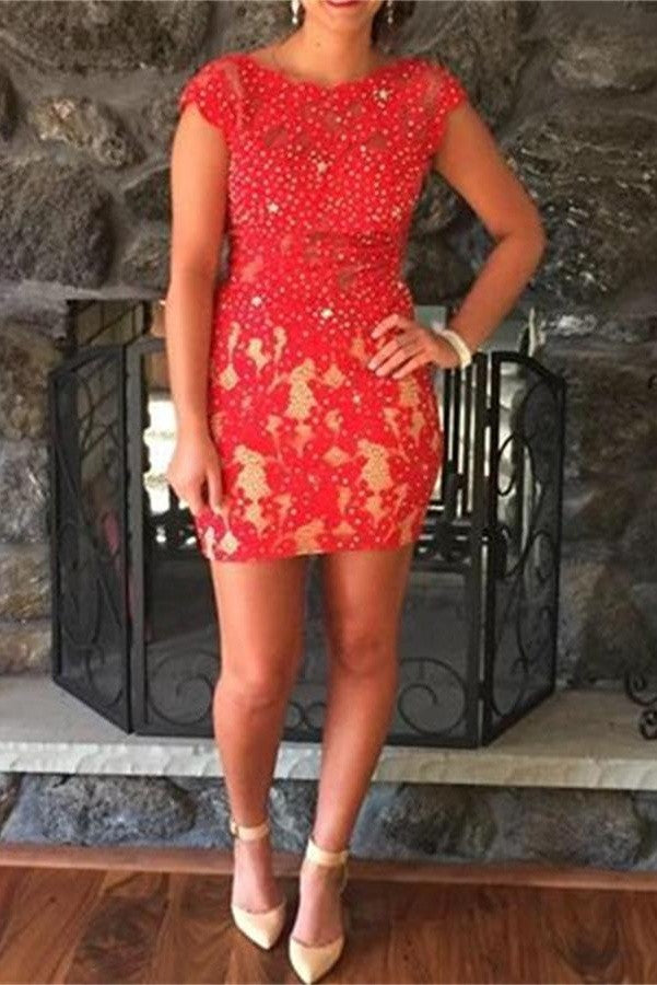 Red Mermaid Lace Beading Sheath Backless Formal Homecoming Prom Dress K469