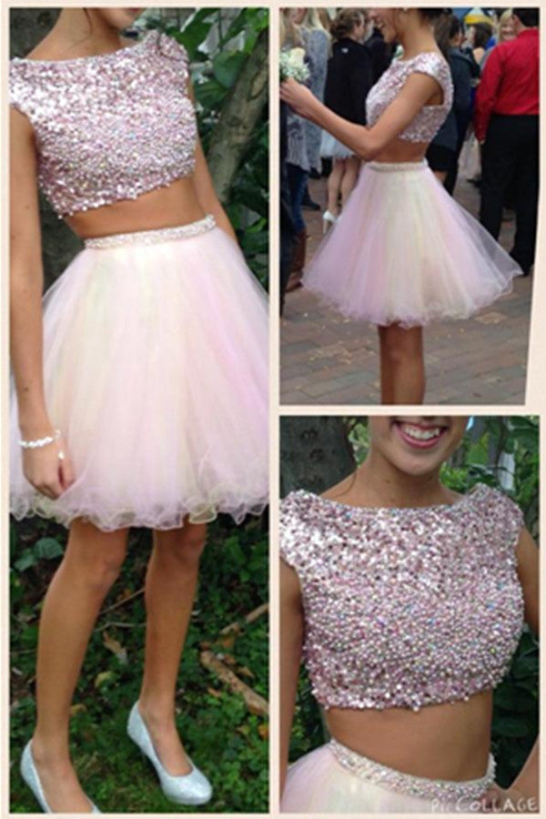 Pretty Two Pieces Handmade Pink Tulle Beaded Homecoming Dress K473