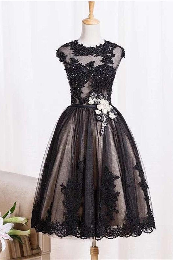 Black Lace Tulle Zipper Back A-line Handmade Homecoming Dress K485