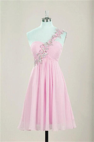 One Shoulder Empire Waist Chiffon Pink Beaded Open Back Homecoming Dress K486