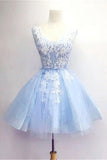 Light Blue Skirt White Lace V-neck Handmade Homecoming Dress K487