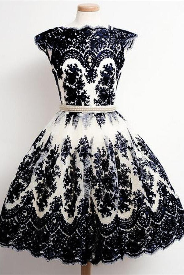 Short Sleeves Black Lace A-line Homecoming Dress With Pearl Belt K488