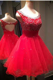 Red Open Back Beaded Sheath Top Tulle Homecoming Dress K490