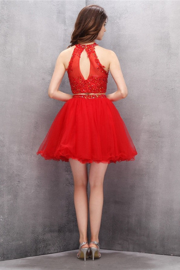 Sparkly Halter Beading Red 2 Pieces A-line Homecoming Dress K587