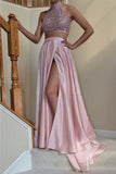 Pink Two Pieces Long Front Split Beading Prom Dress K641