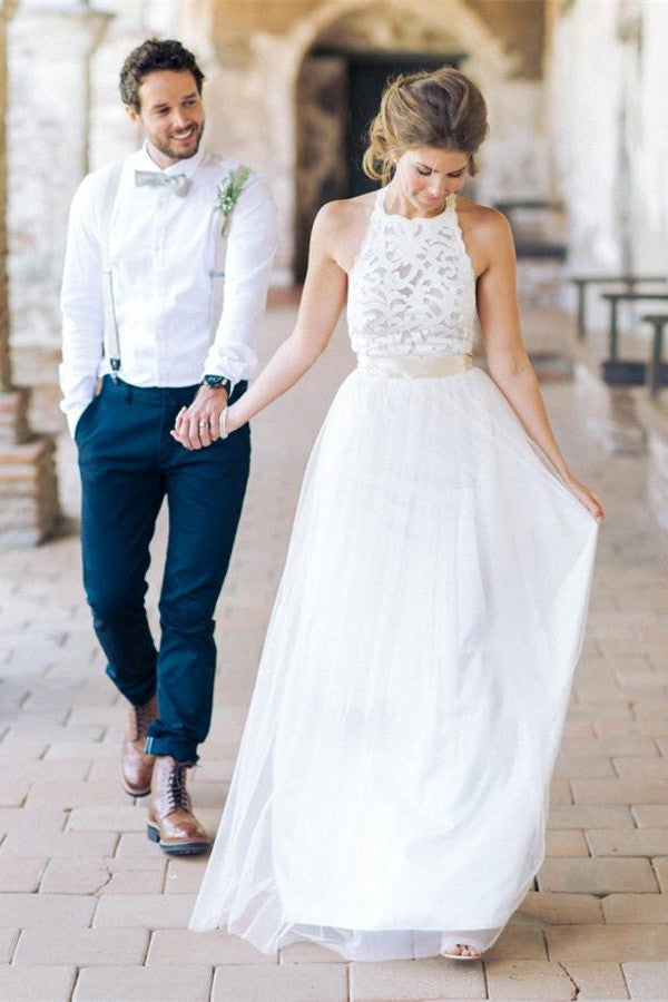 Simple White Lace A-line Elegant Floor Length Beach Wedding Dress K646