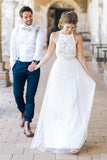 Simple White Lace A-line Elegant Floor Length Beach Wedding Dress K646