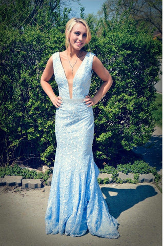 Light Blue Deep V-neck Long Lace Mermaid Prom Dress K654