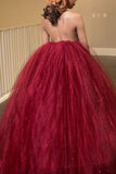Princess Ball Gown High Neck Backless Burgundy Tulle Long Prom Dress OK604