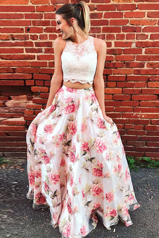 Two Piece Prom Dresses,Floral Prom Gown,Long Evening Dress,Graduation Party Dress