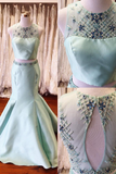 Long Prom Dresses,Two Piece Prom Dress,Mermaid Prom Dresses,Satin Prom Dresses,Mint Prom Dresses,Backless Prom Gown,Beading Evening Dresses