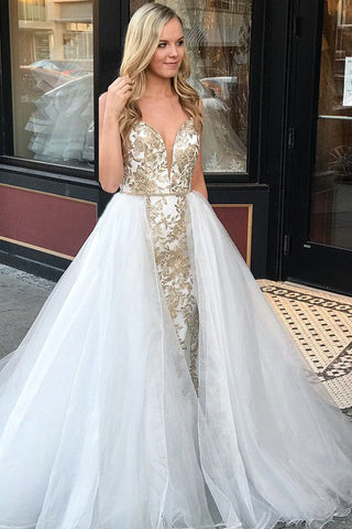 A-Line Spaghetti Straps Floor Length White Detachable Train Prom Dresses with Appliques OKQ65