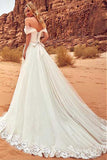 Elegant Off-the-Shoulder Sweep Train A-Line Tulle Ivory Appliques Wedding Dresses OK771