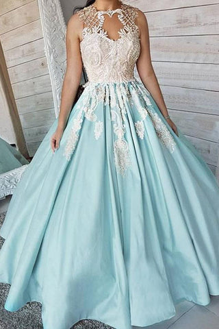 Unique Satin Appliques Long Sleeveless Ball Gowns Prom Dress OKF11