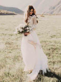 A Line Long Sleeves Lace Appliqued Ivory Beach Wedding Dress OKF83