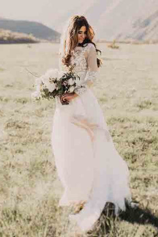 A Line Long Sleeve Lace Appliqued Ivory Beach Wedding Dresses OKF83