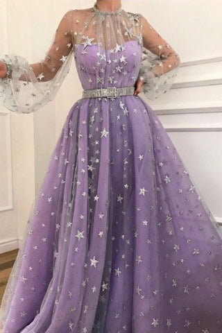 Long Sleeve  A-line Sparkly Star Lace Lilac Long Prom Dress OKG83