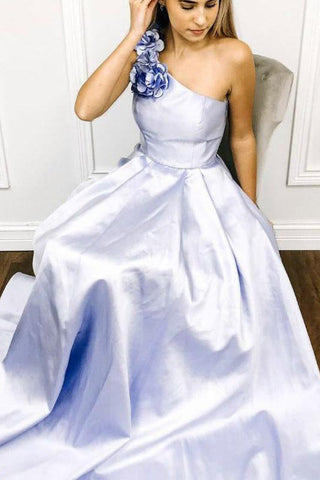 A-line One Shoulder Satin Long Prom Dress With Flowers Evening Dress OKR60