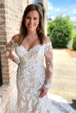 Off White Lace Appliques Off-the-Shoulder Long Sleeves Mermaid Wedding Dress OK1619