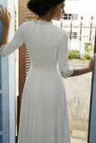 Modest Chiffon 3/4 Sleeves Floor Length Wedding Dress with Lace Top OK1424