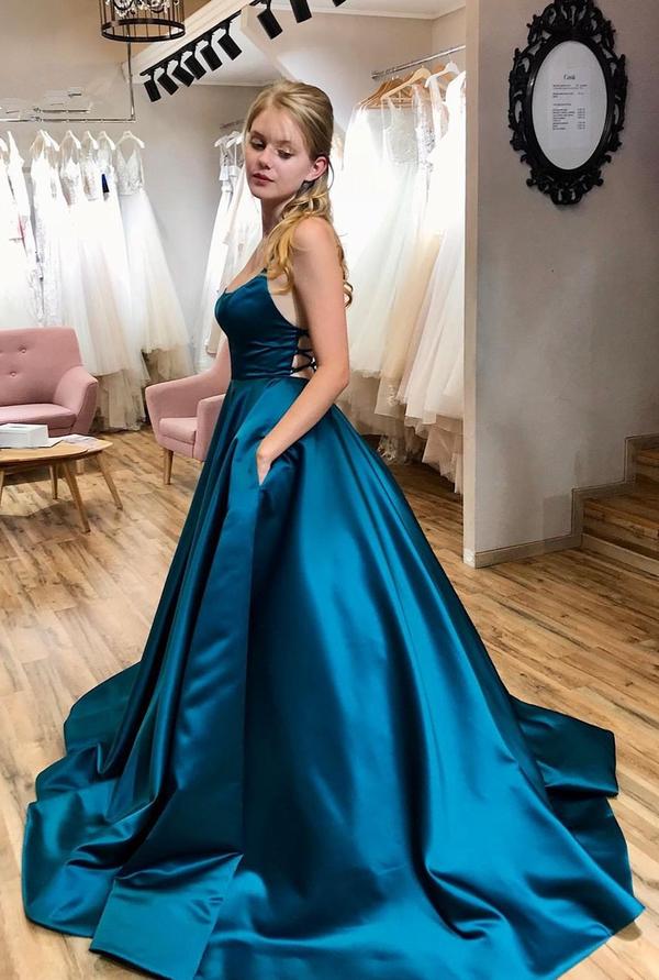 Spaghetti Straps A Line Satin Long Prom Dress Formal Dress Evening Dress Pageant Dance Dress School Party Gown OK1020