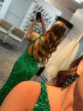 One Shoulder Mermaid Shiny Green Sequins Long Prom Dress Formal Graduation Evening Dress OK1342