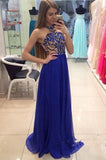 Royal Blue Long Beaded Halter Handmade Chiffon Prom Dress K634