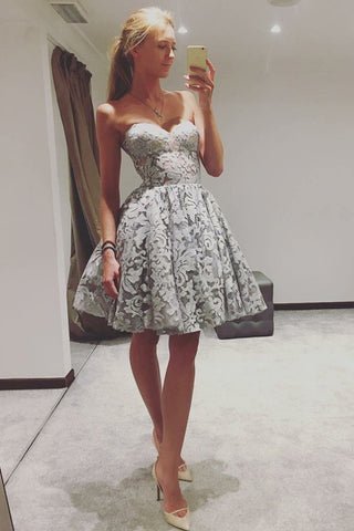 Cheap A-Line Sweetheart Knee Length Sleeveless Grey Lace Homecoming Dresses OKB18