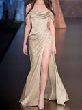 Sheath/Column Off-the-Shoulder Short Sleeves Long Slit Prom Dresses OK1854