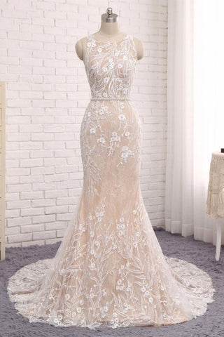 Unique Prom Dress,Mermaid Prom Dress,Sleeveless Evening Gowns,Lace Wedding Dresses,Long Wedding Dress,Sweep Train Wedding Gown