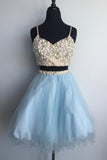 Two Piece A Line Spaghetti Strap Mini Tulle Short Homecoming Dresses OKD82