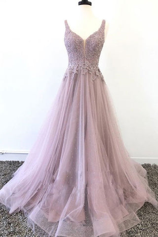 Unique V neck Tulle Lace Appliques Long Prom Dress, A Line Evening Dress OK2029